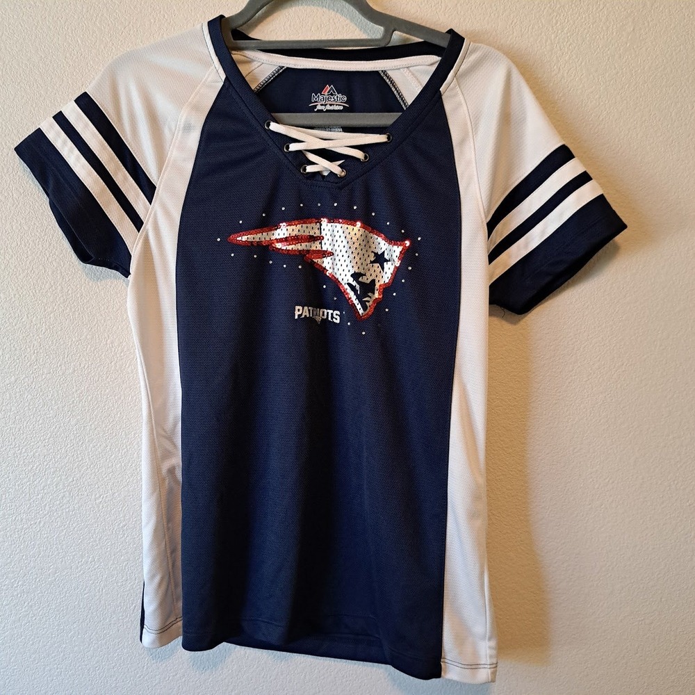 Majestic New England‎ Patriots Girls Jersey M Navy Blue Sequin Lace Up Shirt